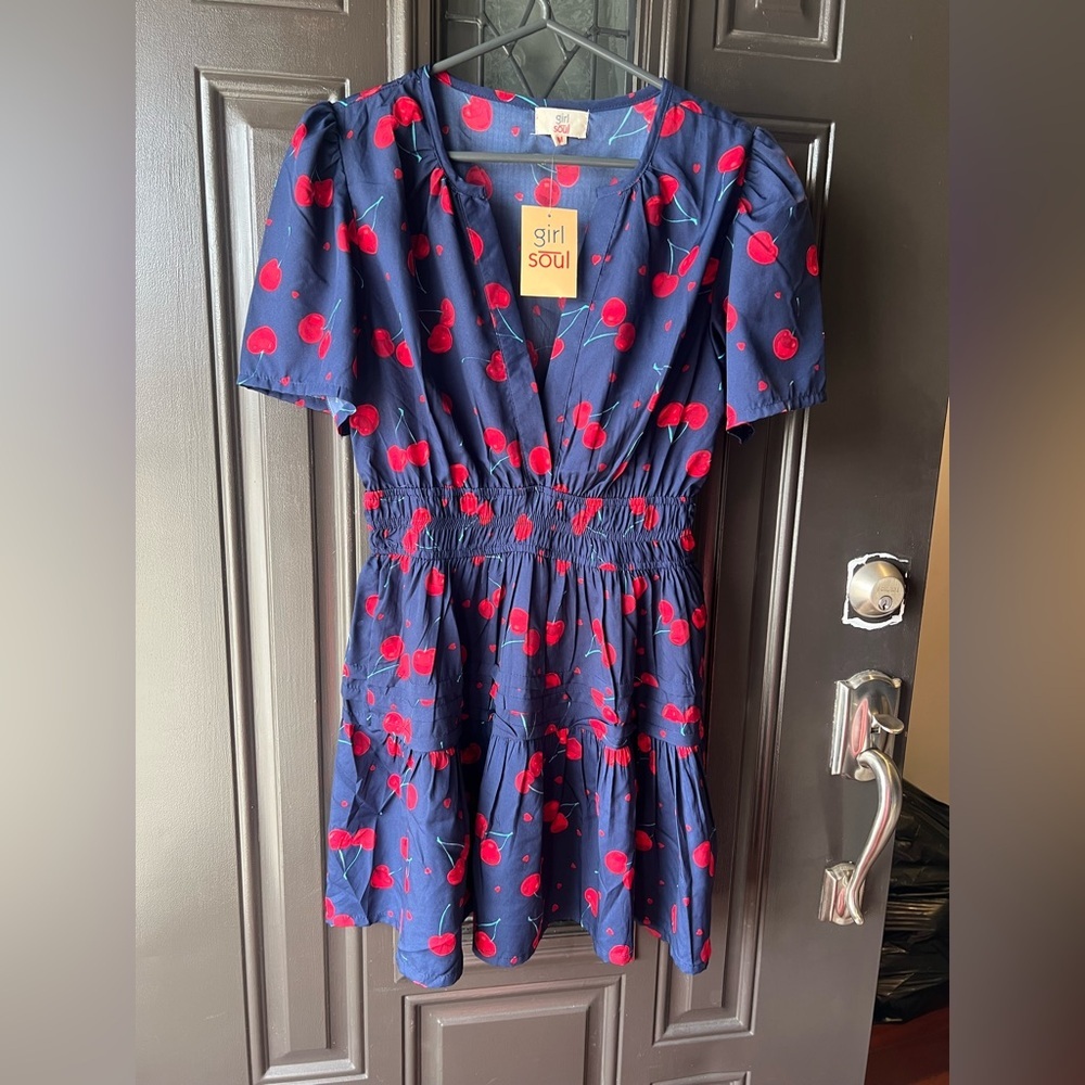 NWT Girl Soul Navy Blue Cherry Print Coquette Mini Dress - Smocked Waist M